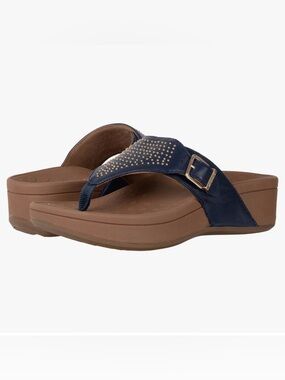 Vionic Capitola Wedge Flip Flop Navy Blue Thong W/ Gold Rivets Sz 7 (38) VGUC